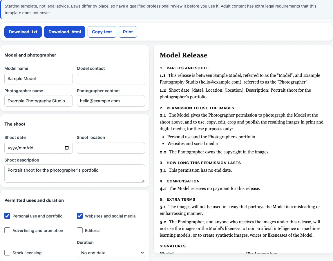 Model release form example