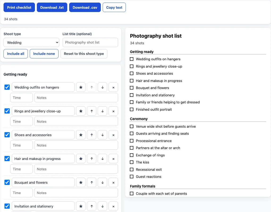 Photography shot list example