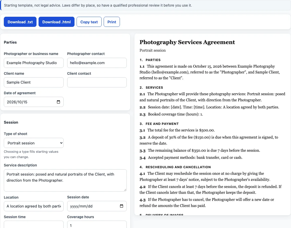 Photography contract template example