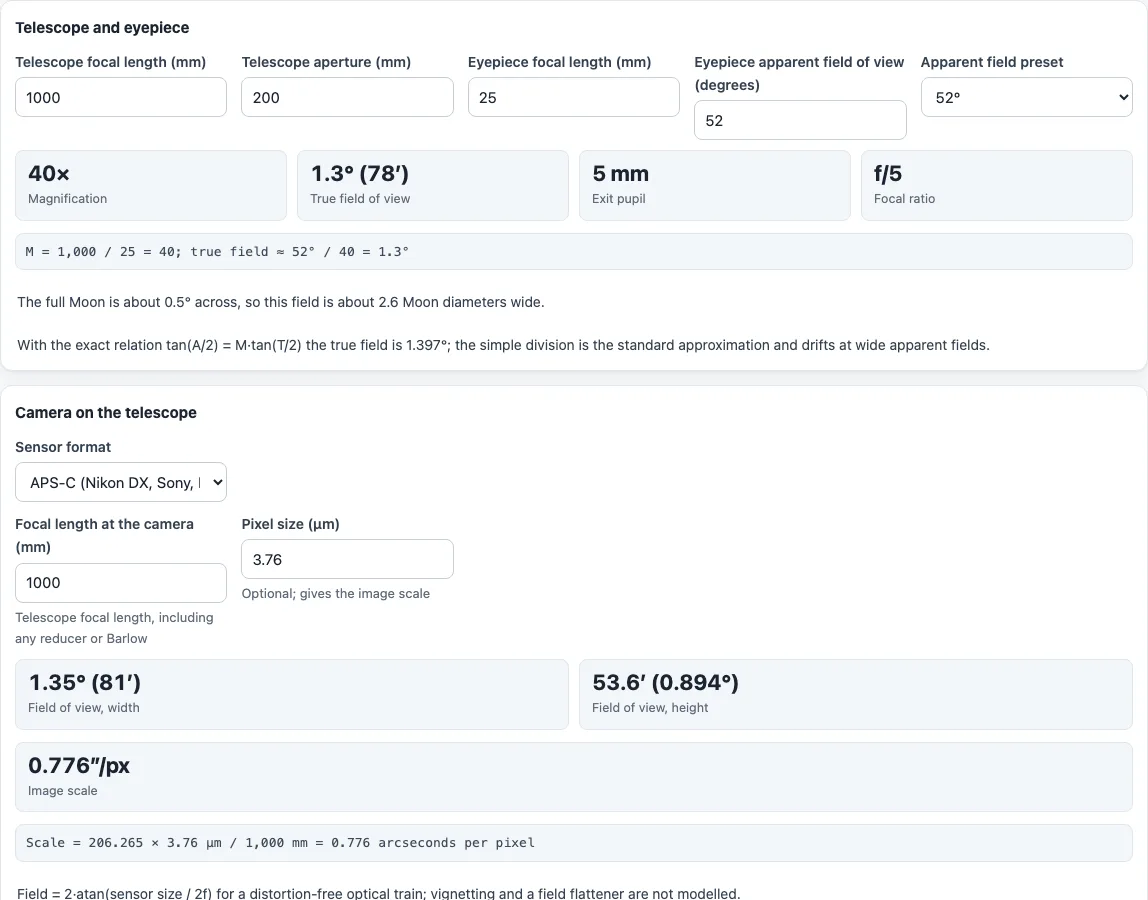 Field of view telescope calculator example