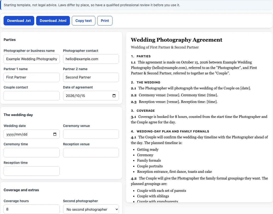 Wedding photography contract template example